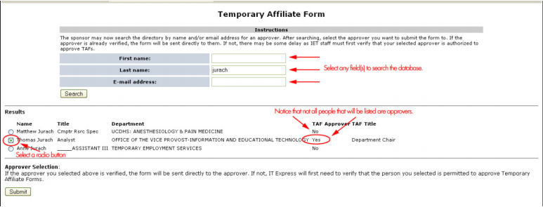 Approver search by name or email address with example results from last name 'jurach'