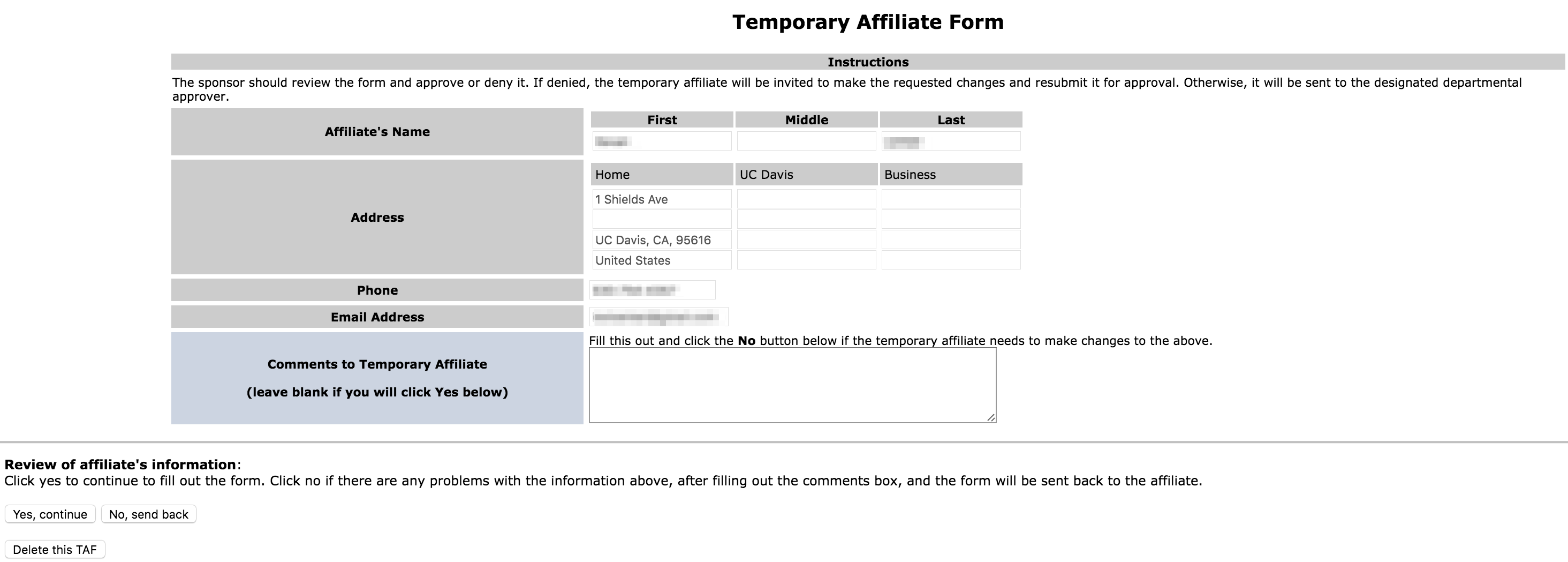 Page to review completed TAF