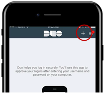 DUO mobile app with emphasis on plus sign button in upper right
