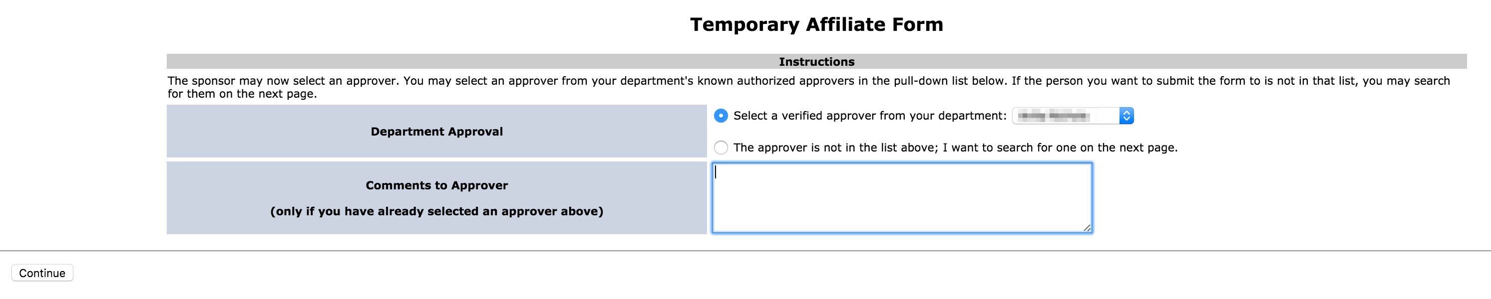 Page to select departmental approver for TAF