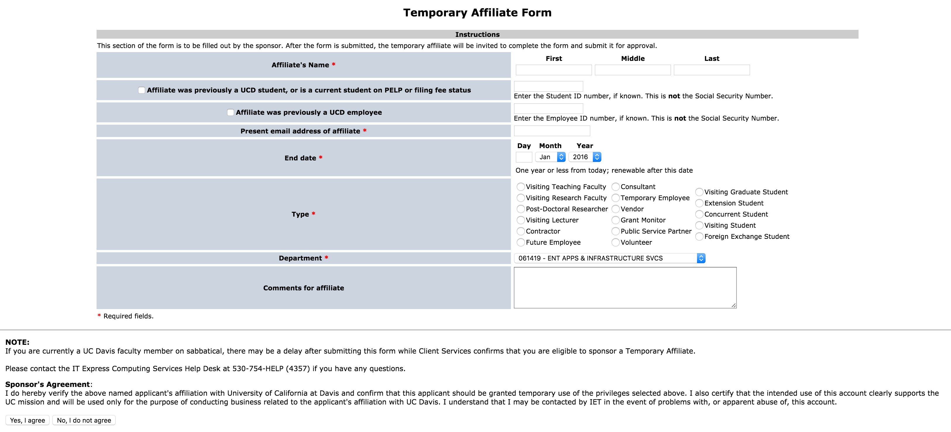 Blank TAF to sponsor a new temporary affiliate