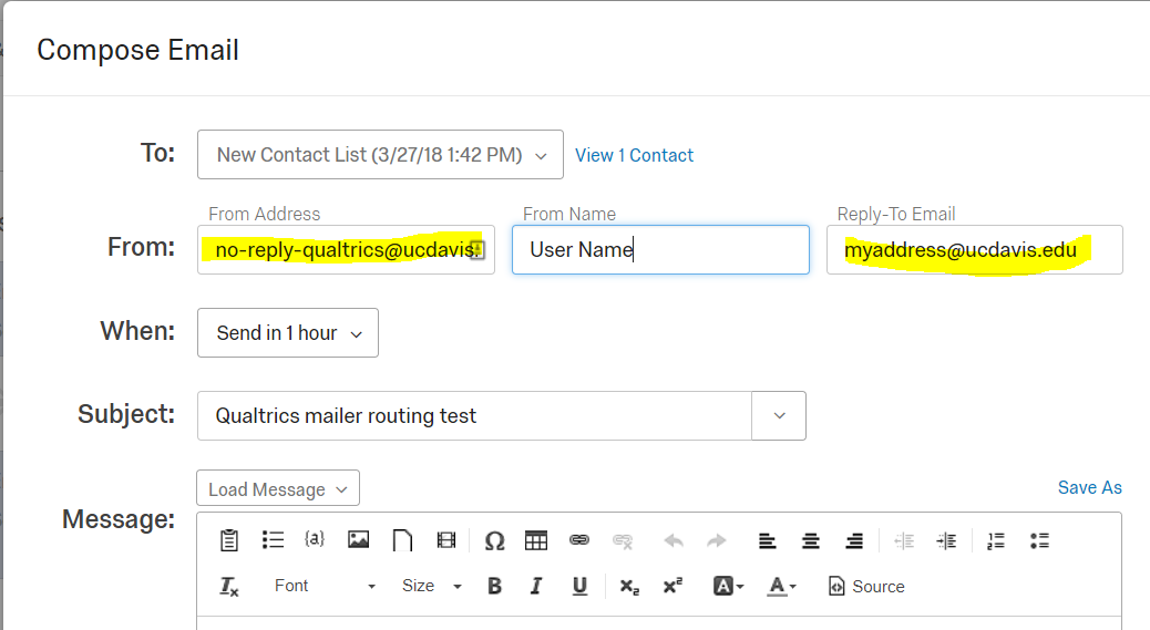 Qualtrics survey distribution changing the from or reply to address